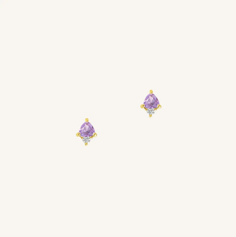 A gold pair of stud earrings featuring a purple cubic zirconia, representing February.