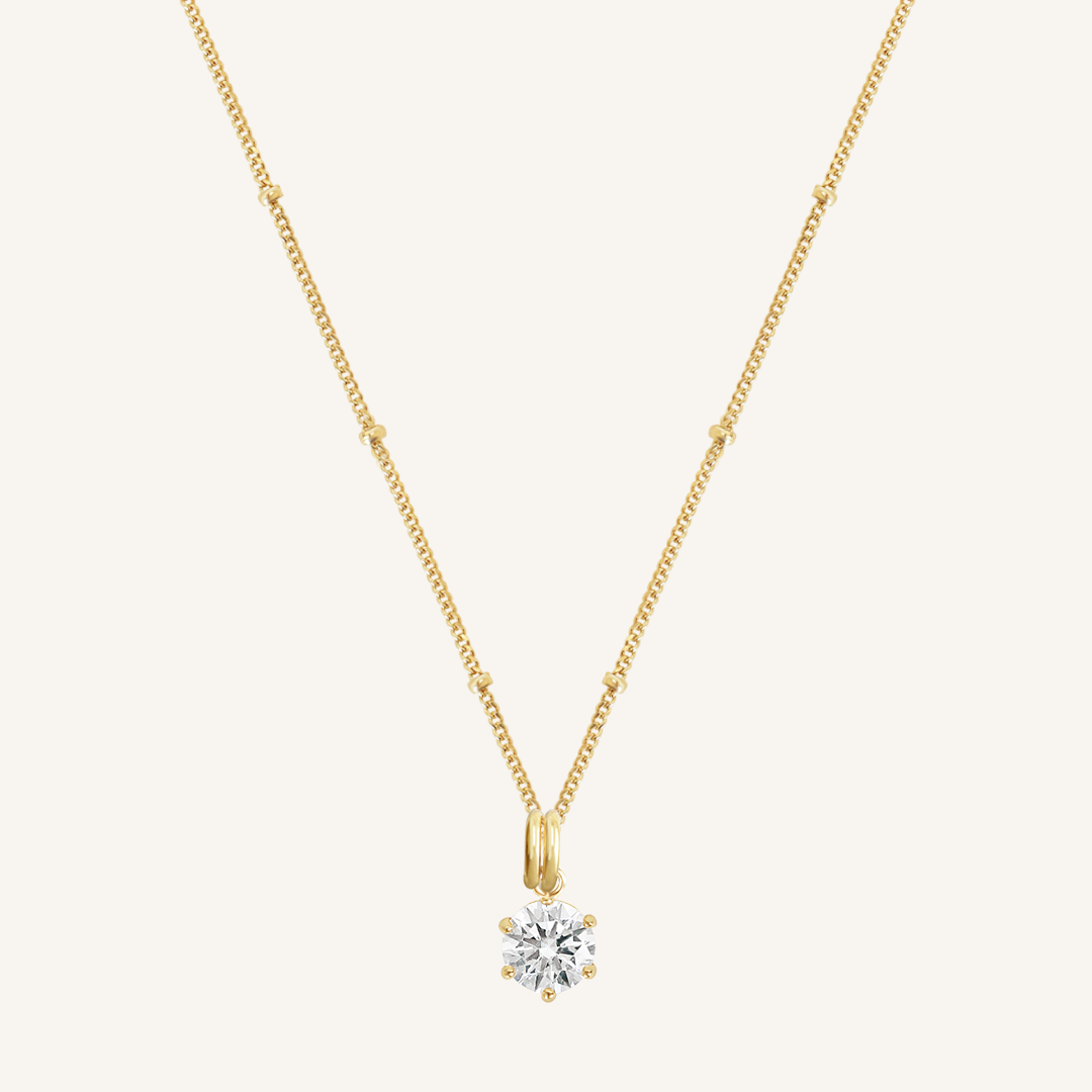 Round, gold, cubic zirconia charm on gold chain