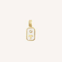 A gold rectangular shaped charm with the Aries zodiac symbol on it, designed with an iridescent finish.