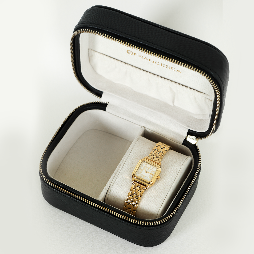 A gold-toned Louis Watch with a link bracelet and a square face featuring Roman numerals in watch box