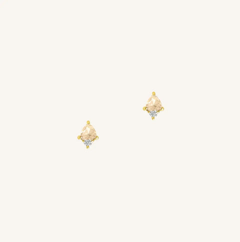A gold pair of stud earrings featuring a citrine cubic zirconia, representing November.