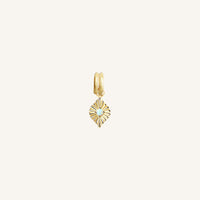 A gold diamond shaped charm with a faux opal in the centre, designed to be attached to a bracelet or necklace 