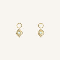 A pair of gold diamond shaped hoop charms featuring a faux opal 