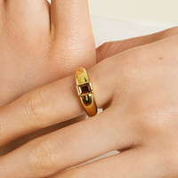 silver ring inspired by the city of love with a deep red square cubic zirconia bezel set on white background