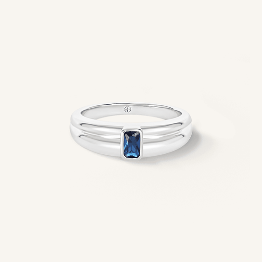 silver ring with Navy blue cubic zirconia bezel set Inspired by the halls of Versailles on white background