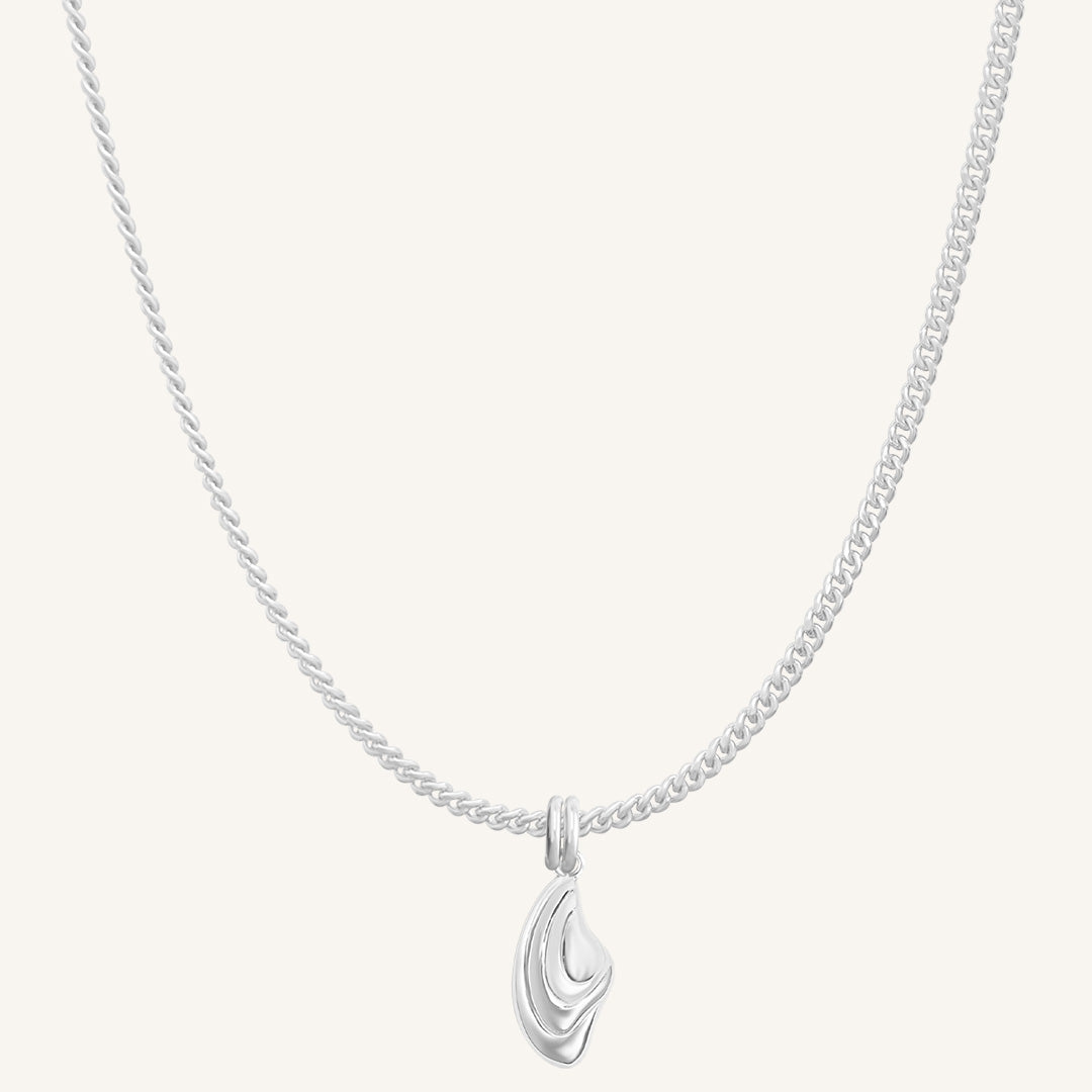 Silver necklace with a unique pendant on a white background
