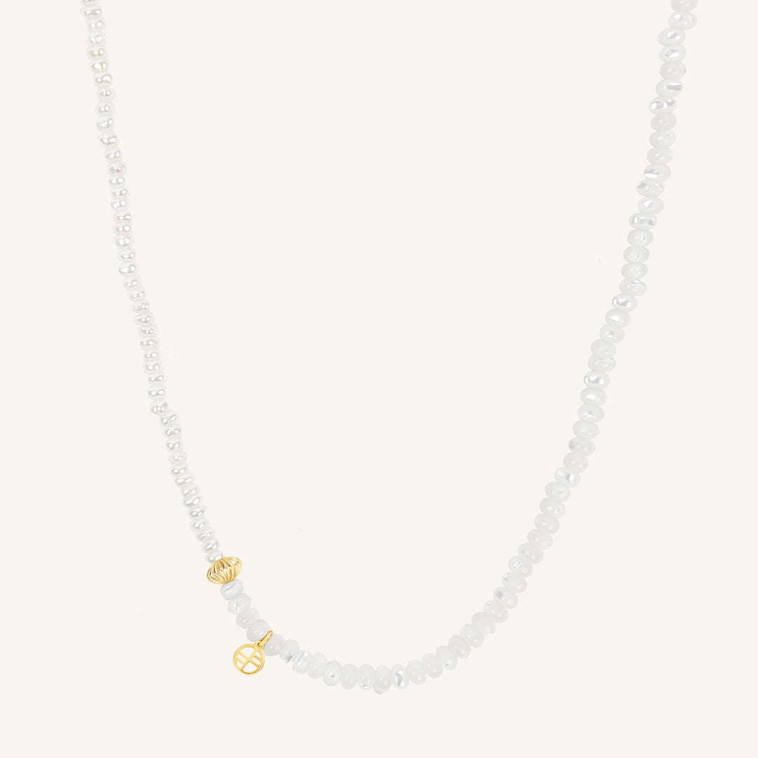 Necklace with small gold charms on a white background
