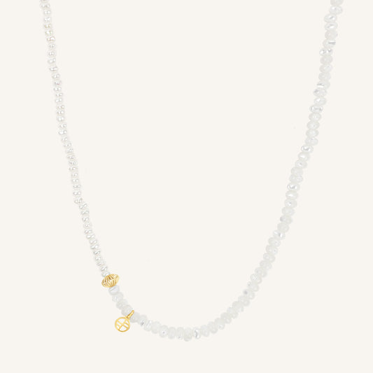 Necklace with small gold charms on a white background