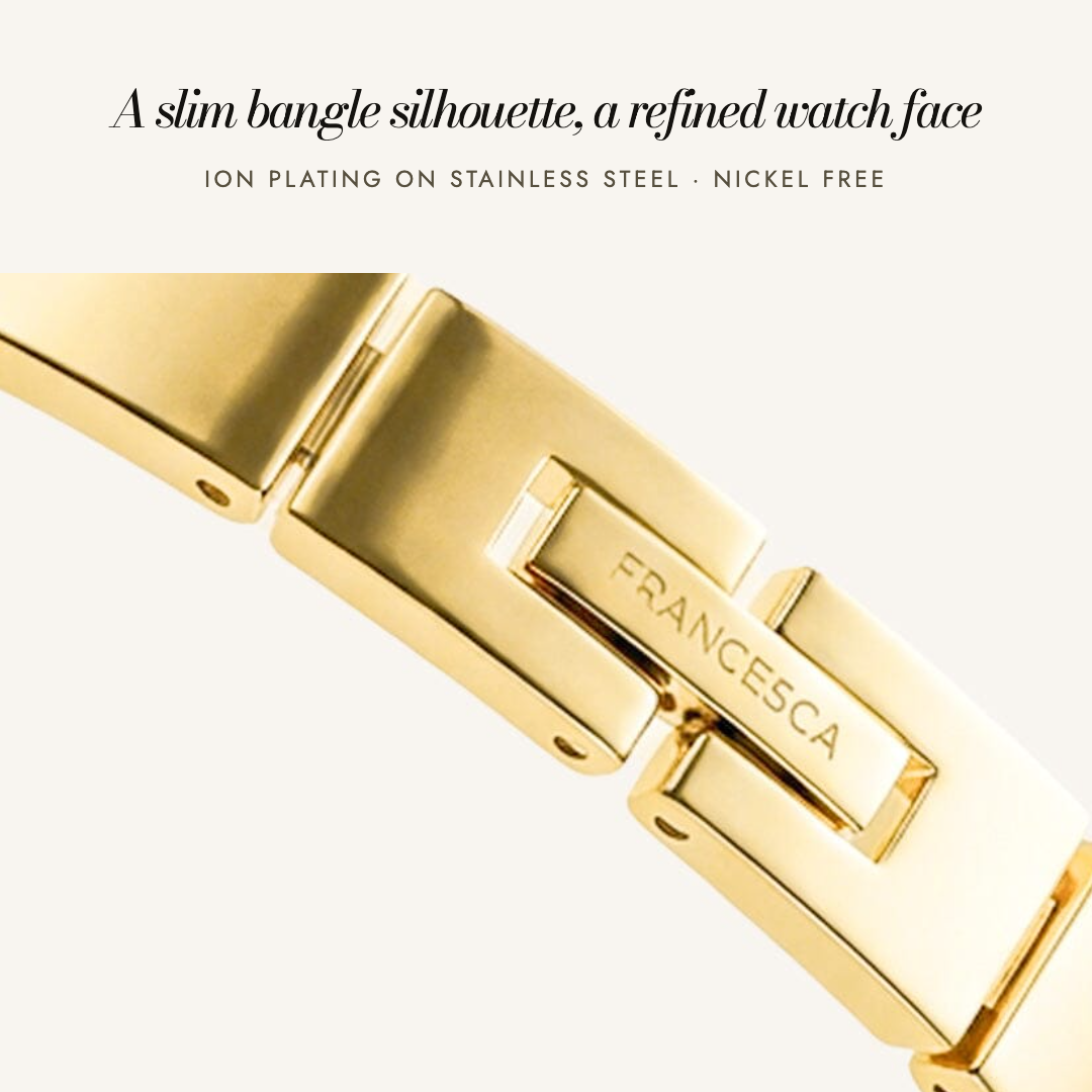 André Bangle Watch in gold — a slim bangle silhouette, a refined watch face