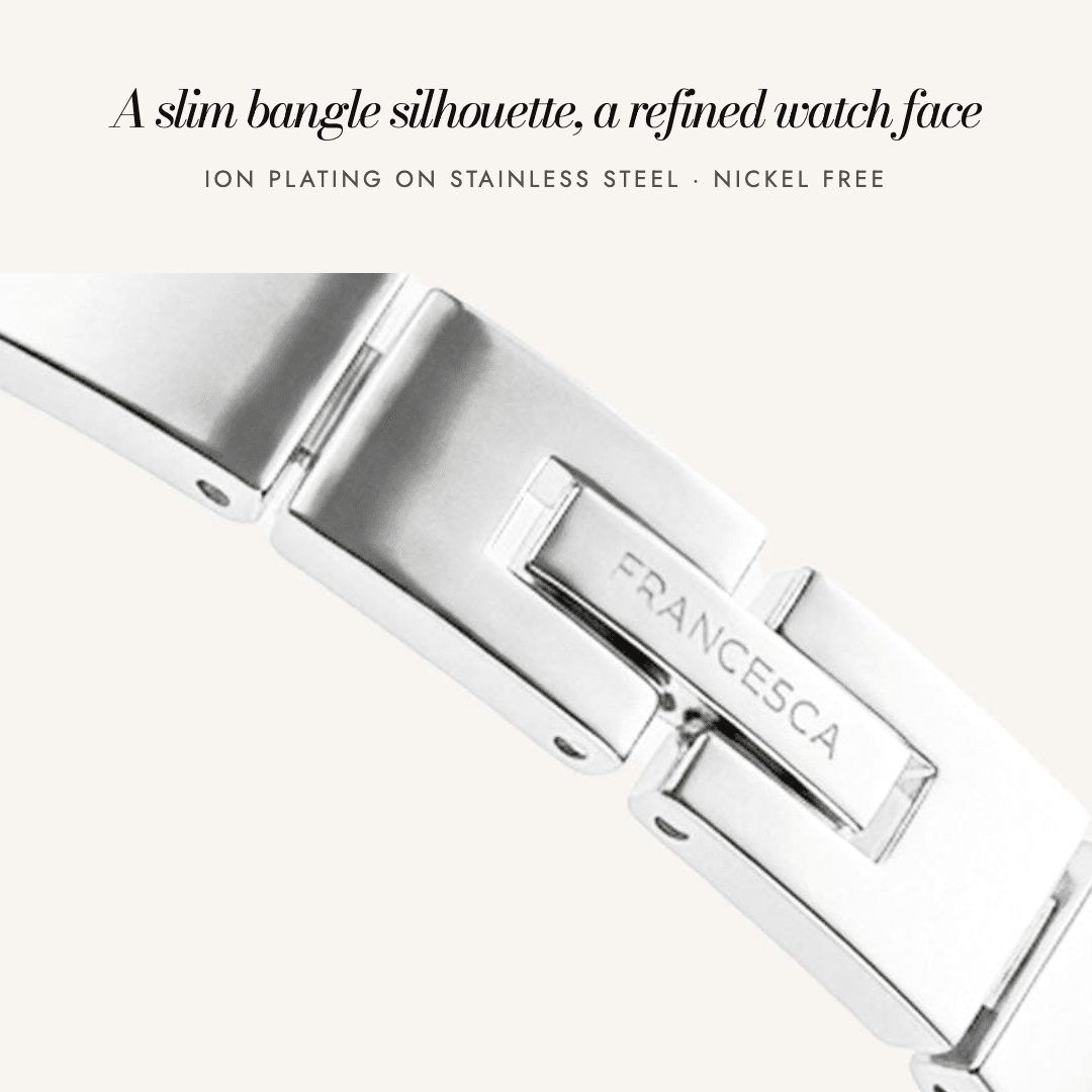 André Bangle Watch in silver — a slim bangle silhouette, a refined watch face