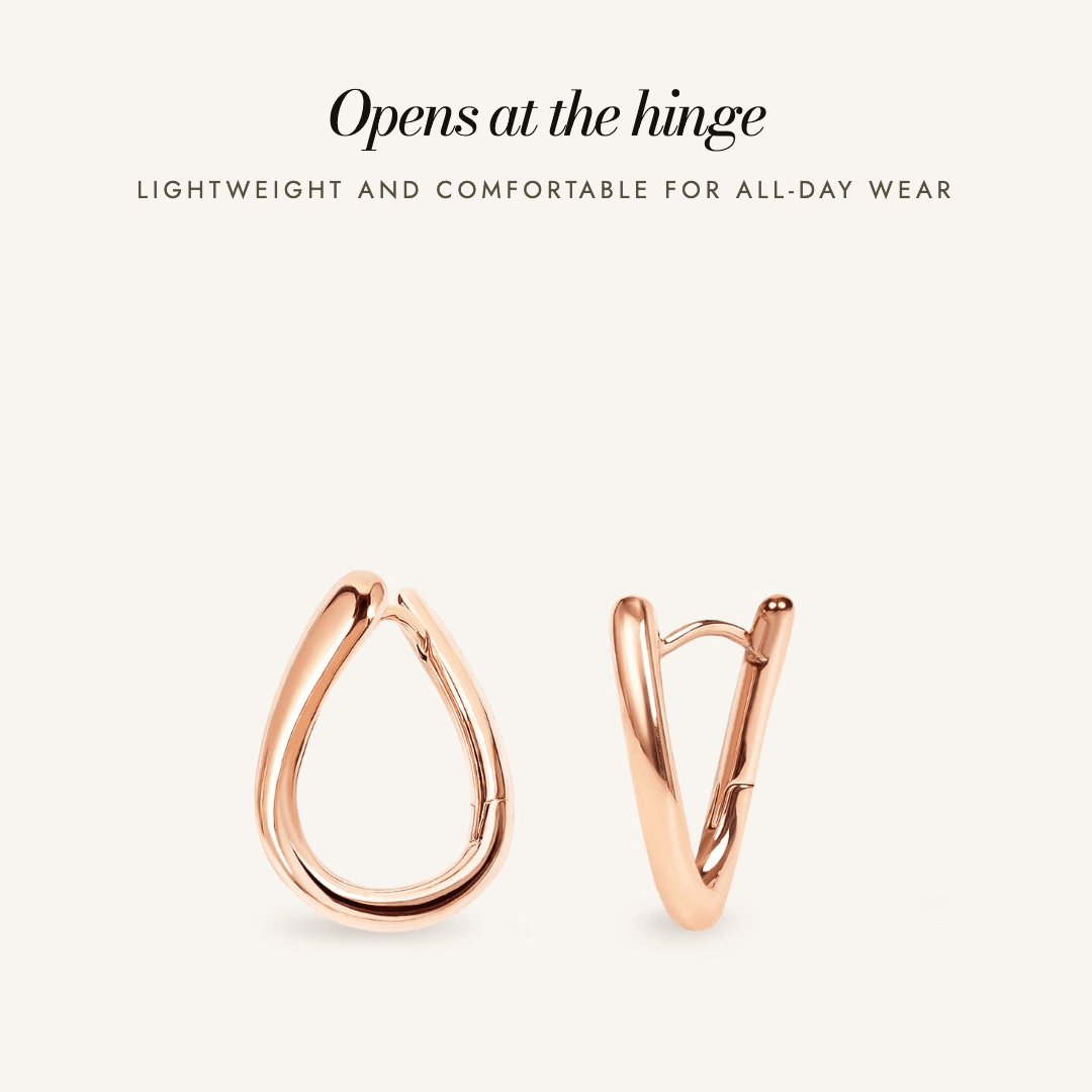 Blair Huggies in rose gold — opens at the hinge, lightweight for all-day wear