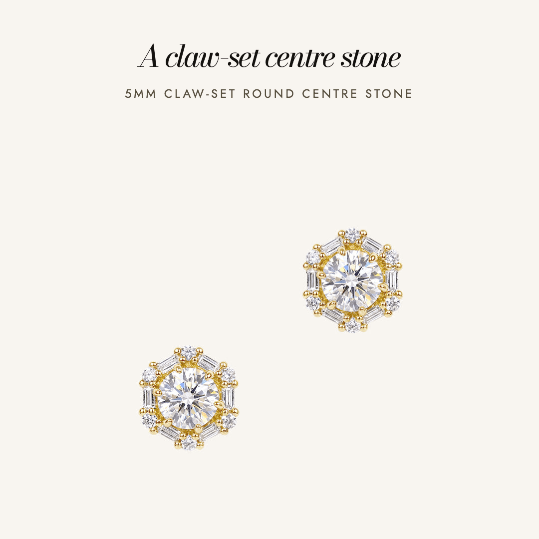 Delilah Halo Studs in gold — a 5mm claw-set round centre stone