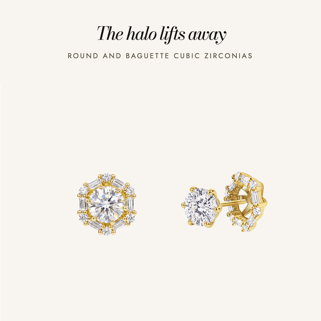 Delilah Halo Studs in gold — the halo lifts away, round and baguette cubic zirconias