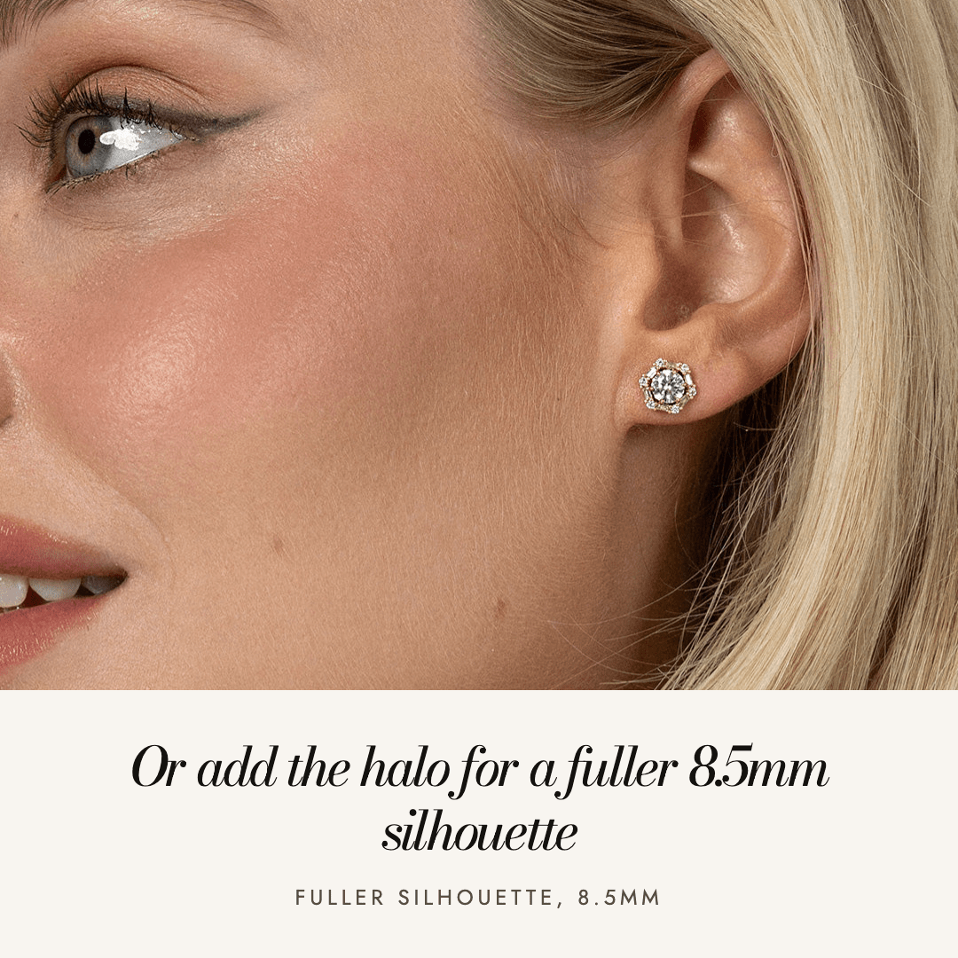 Delilah Halo Studs worn with the halo attached — a fuller 8.5mm silhouette