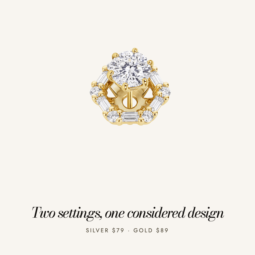 Delilah Halo Studs — two settings, one considered design. Silver $79, gold $89