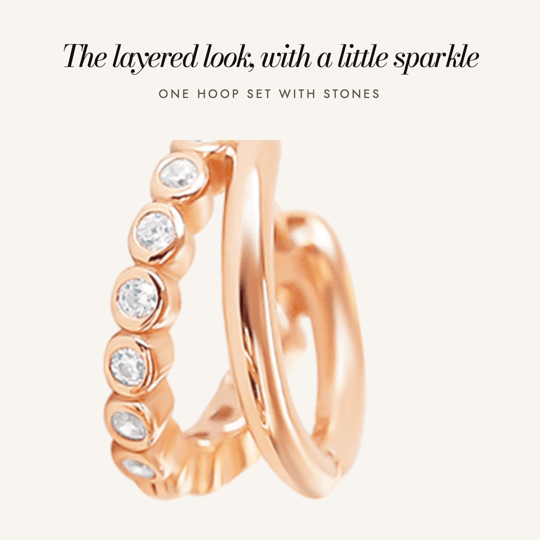 Eden Double Huggies in rose gold — the layered look, with a little sparkle