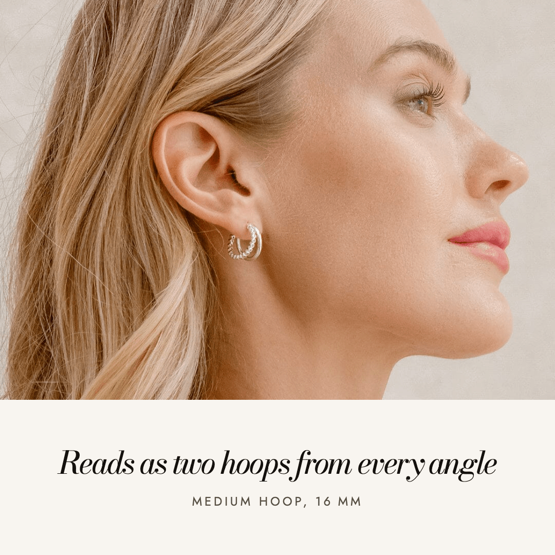 Eden Double Hoops worn — reads as two hoops from every angle, medium hoop 16 mm