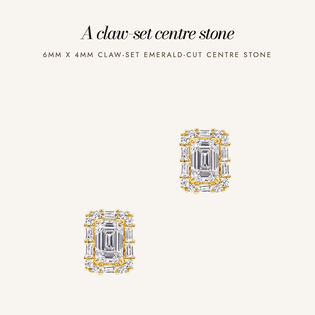 Florence Halo Studs in gold — a 6mm x 4mm claw-set emerald-cut centre stone