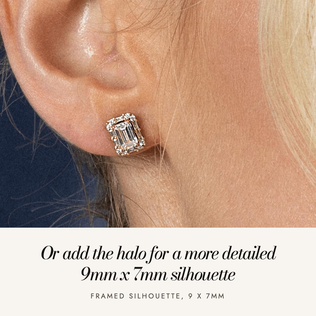 Florence Halo Studs worn with the halo attached — a more detailed 9mm x 7mm silhouette