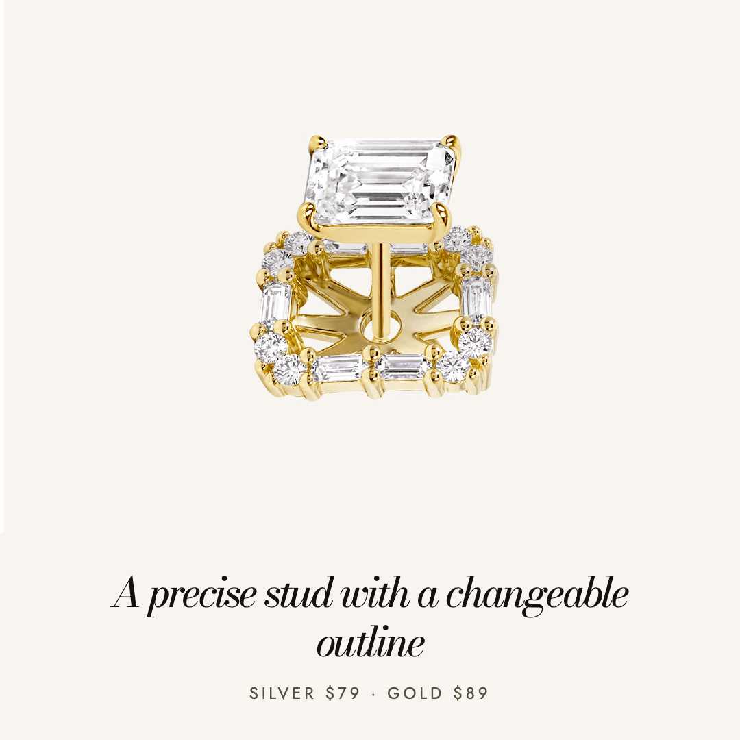 Florence Halo Studs — a precise stud with a changeable outline. Silver $79, gold $89