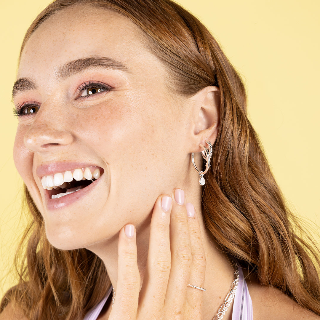 Silver Hoops with hoop charm, worn by model 