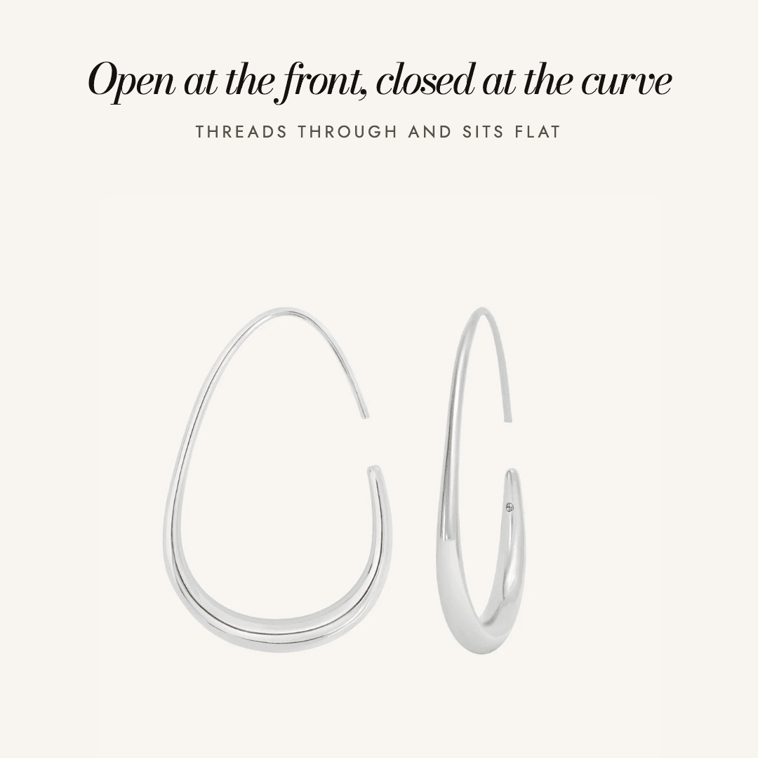 Tate Hoops in silver — open at the front, closed at the curve