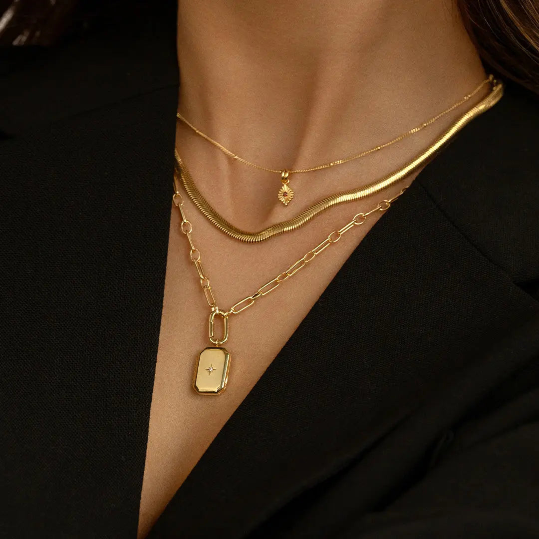 Bevel Photo Locket Gold Closed With Chain Necklace around neck